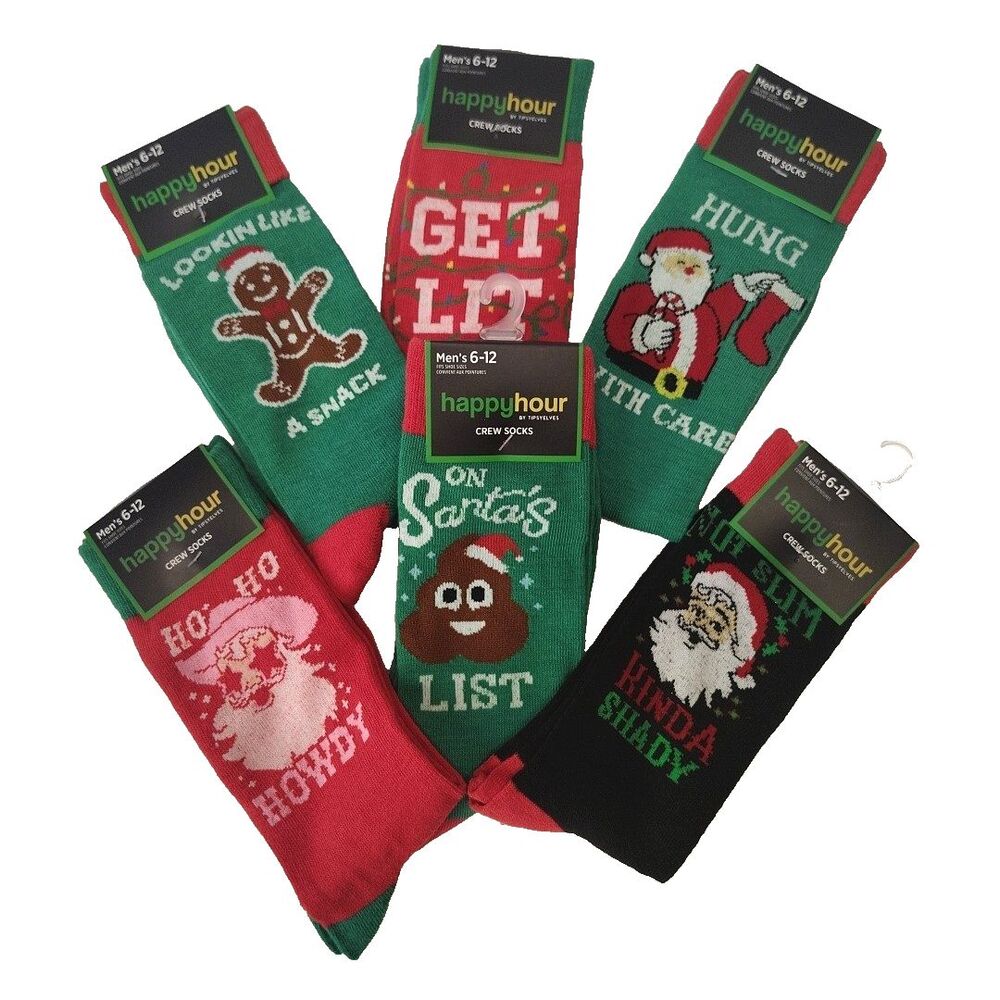 Happy Hour Mens Sz 6-12 6 Pair Funny Christmas Socks Novelty Crew Socks NWT